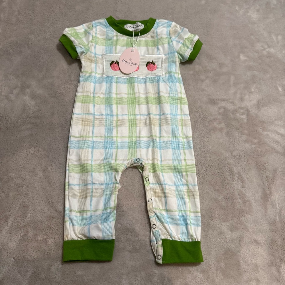NWT Marie Nicole Romper smocked Easter peach embroidered Spring Outfit 6-12 mths